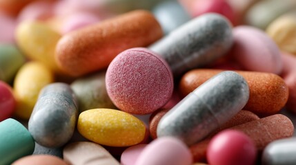 A vibrant array of pills and supplements fills the frame with their lively colors and varied shapes