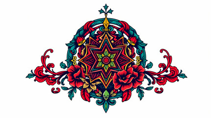 Colorful Vintage Flower Ornament Pattern: Elegant Floral Illustration with Symmetrical Artistry