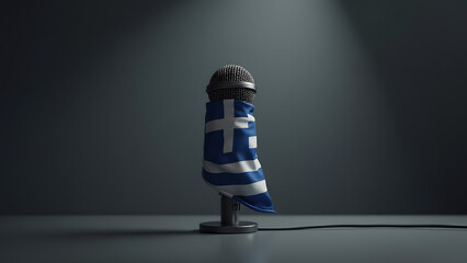 Greece’s flag chokes a microphone—symbolizing silenced dissent. Dark, moody lighting accentuates frayed fabric. A minimalist, powerful statement.