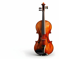 Obraz premium Elegant Wooden Violin on White Background with Bow and Rosin