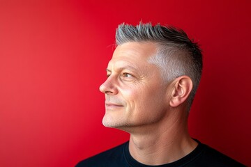 Fototapeta premium A trendy and poised male showing charm. Concept art of style for aging men. Classy men's colored crest haircut - midlife white man with grey hair. Red solid background.