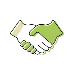 Green handshake icon in cartoon outline partnership style