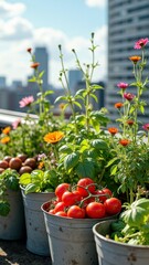 Urban rooftop garden with tomato plants and colorful flowers in city skyline