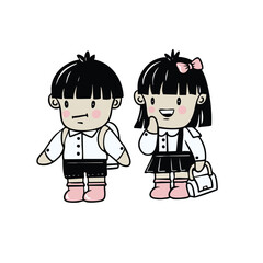 Chinese boy and girl schoolchildren and school supplies isolated cartoon style. Vector.