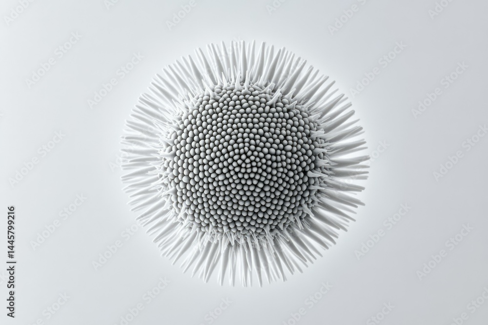 Poster a 3d rendered image of a spiky, spherical structure resembling a microscopic organism or abstract ar