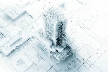 A transparent 3D model of a building superimposed on architectural blueprints, showcasing modern design and construction planning.