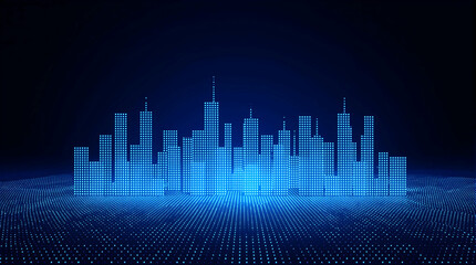 Obraz premium Glowing Cityscape Silhouette on Dotted Surface in Blue