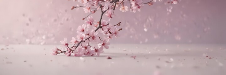 Obraz premium Soft pink sakura petals descend against a pale lavender background , wallpaper, pale, soft