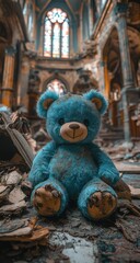 Blue Teddy with Abandoned Church Ruins.