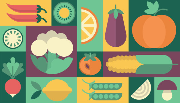 Vegetables fruits diet healthy food vegetarian background vector geometric menu poster icon set logo