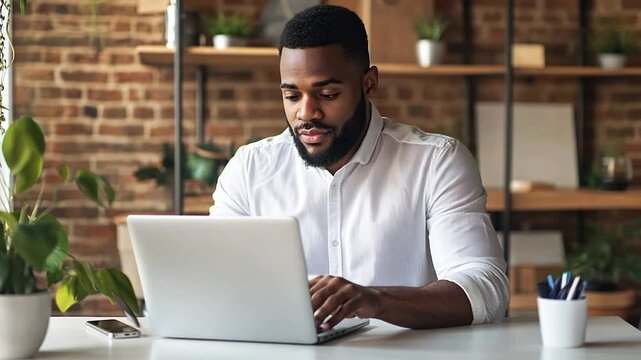Focused man working from home on laptop