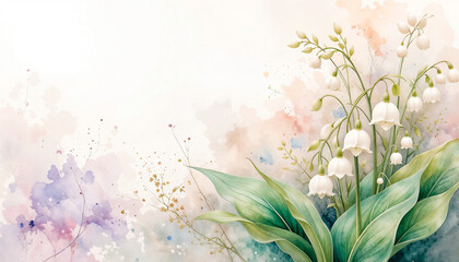 Watercolor painting of lily of the valley flowers with soft pastel background and copy space