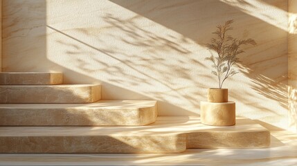 Beige Stone Steps with Dried Plant in Sunlight