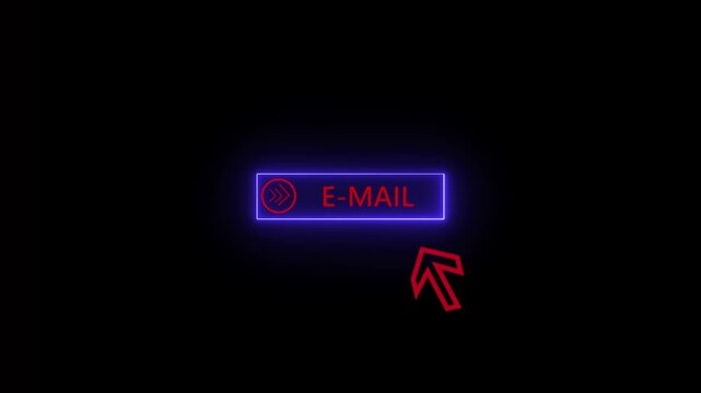 Glowing neon bule  color red  text cursor animation. towards download button in looping with black background .