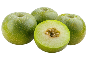 Juicy green apples glistening a halved apple reveals its crisp core vibrant fresh fruit photography