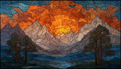 Stained Glass Sunset over Majestic Mountains