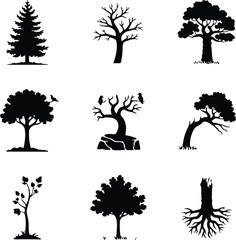 Tree Silhouette Set | Forest and Nature Vector Pack Black Tree Silhouettes Collection | Landscape Nature Icons