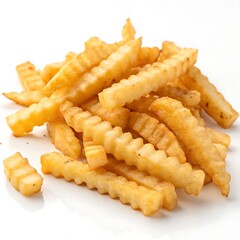 Crinkle cut fries in golden brown, isolated on white background