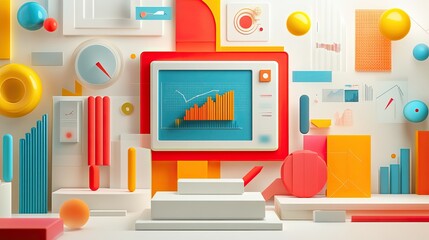 Futuristic marketing design with bright colors, innovative icons, and abstract digital elements for showcasing modern marketing tactics