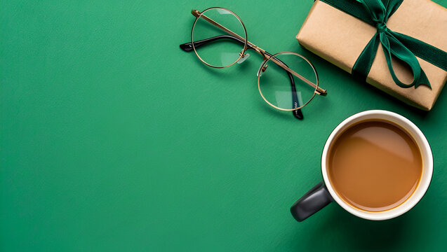 cup of coffee and books on green background