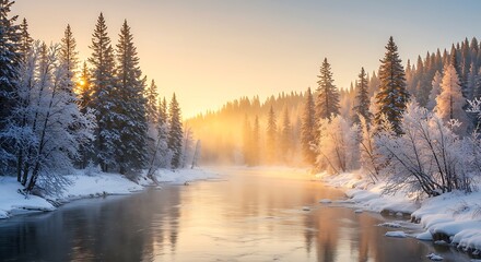 Fototapeta premium Winter's Golden Embrace AI Generated