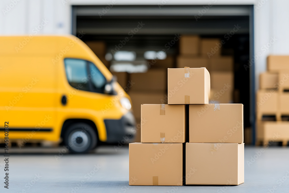 Poster delivery boxes stacked with van background, symbolizing efficient logistics and distribution. packag