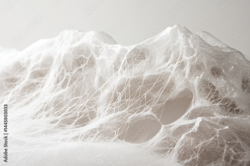 Poster intricate spiderweb structure resembling a miniature mountain range, delicate and ethereal.