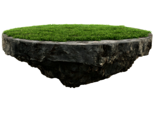 Floating island. Green grass atop rough rock. Isolated, on a transparent background. Detailed and realistic