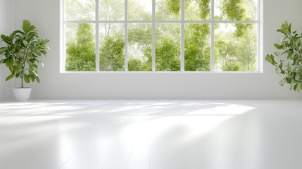 Fototapeta premium A modern empty room with large window showcasing lush green trees outside, bright natural light illuminating the minimalist interior, and serene and spacious atmosphere.