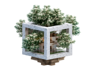Snowy trees in a cubic structure atop a pixelated base, resembling a game design element