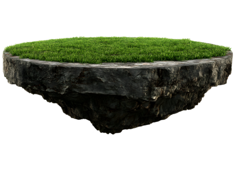 Floating island. Green grass atop rough rock. Isolated, on a transparent background. Detailed and realistic