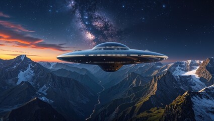 Obraz premium A futuristic spaceship hovers silently over a breathtaking mountain range at sunset, the Milky Way glittering in the night sky. A scene of mystery and wonder.