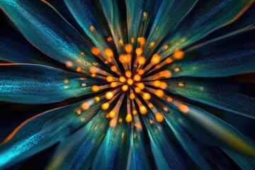 Close-up of a teal flower with glowing orange center, radiating intricate details.