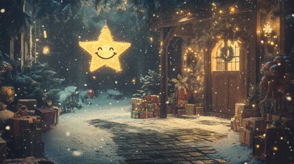 Dreamy Christmas scene with a joyful smiling star, rich textures, glowing decorations, and soft snowfall outside a cozy, warmly lit room.