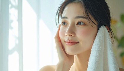 顔を拭く女性 Japanese Woman Patting Face Dry