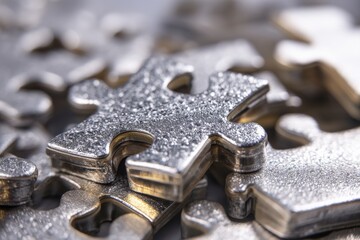 Close-up of metallic puzzle pieces, showcasing intricate texture and silver color.