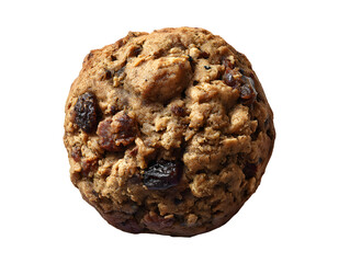 A round, brown cookie with raisins, featuring a crumbly and textured appearance, isolated on transparent background