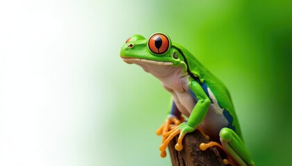 Fototapeta premium Green tree frog perched on white, vibrant skin, green frog, closeup