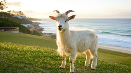 Obraz premium Coastal Goat on grassy hill at sunset