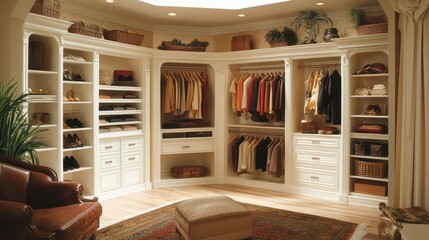 Organized walk in closet interior design