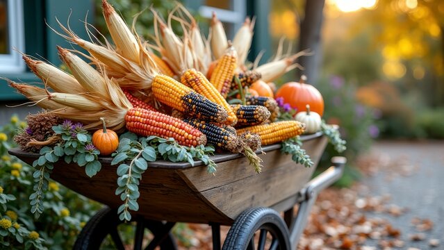 Decorative harvest wheelbarrow with colorful corn and pumpkins in autumn garden - Powered by Adobe