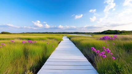 Fototapeta premium Wooden Boardwalk Wildflowers Lush Meadow Vibrant Summer Style High-Resolution Wide Angle View Natures Path Tranquil Scene Serene Blues Travel Tourism
