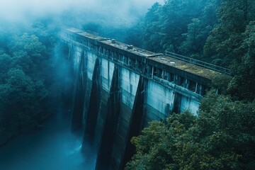 Obraz premium An old, moss-covered dam stands tall amidst a misty, lush green forest, water cascading down its weathered face.
