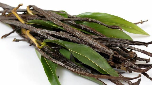 Aromatic vanilla bean pods with fresh green leaves displayed on a white surface, capturing their natural texture and color in detail
