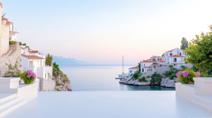 Serene coastal village at dawn.  A tranquil view of whitewashed houses nestled along a rocky coastline, overlooking a calm sea.  Soft morning light bathes the scene in a gentle, pastel hue