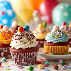 Close-up view of assorted colorful cupcakes with decorative sprinkles and toppings on a white surface with scattered confetti and blurred background balloons.