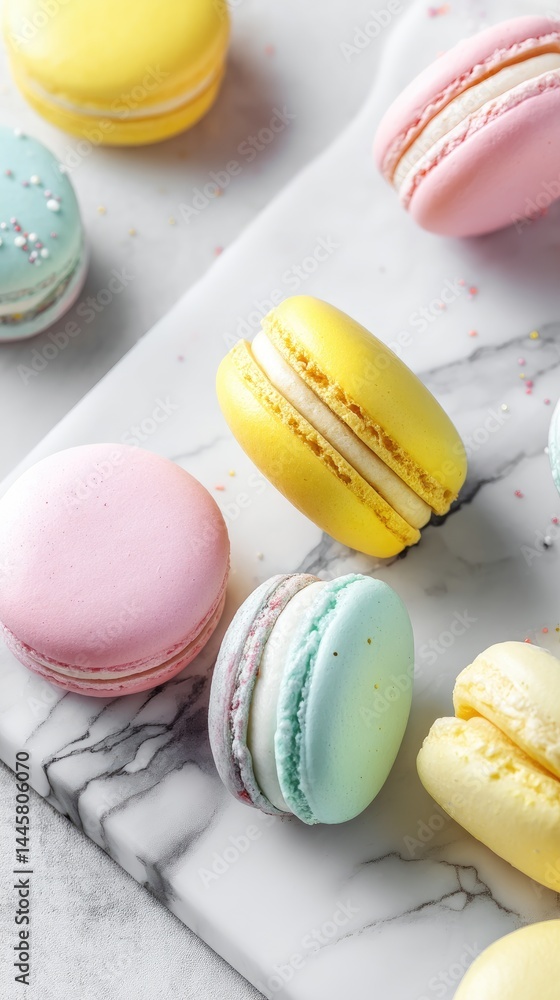 Poster colorful macarons on a marble surface with sprinkles and a soft focus creating a delightful dessert 