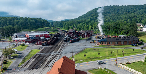 A vibrant train yard nestled in the mountains features steam locomotives surrounded by green trees. The activity includes trains parked and a plume of steam rising, evoking nostalgia.