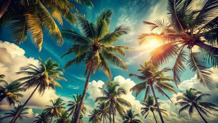 Looking up at blue sky and palm trees, view from below, vintage style, tropical beach and summer background, travel concept