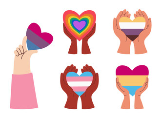 Pride Month. LGBTQ Rainbow Pride Hearts in Hands. Diversity, Love Concept. LGBT community transgender, pansexual, bisexual, and nonbinary identities. Isolated Vector illustration on white background